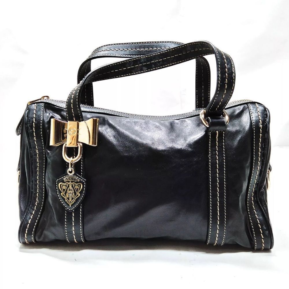 Auth Gucci Black Polished Leather Duchessa Boston Duffel Bag